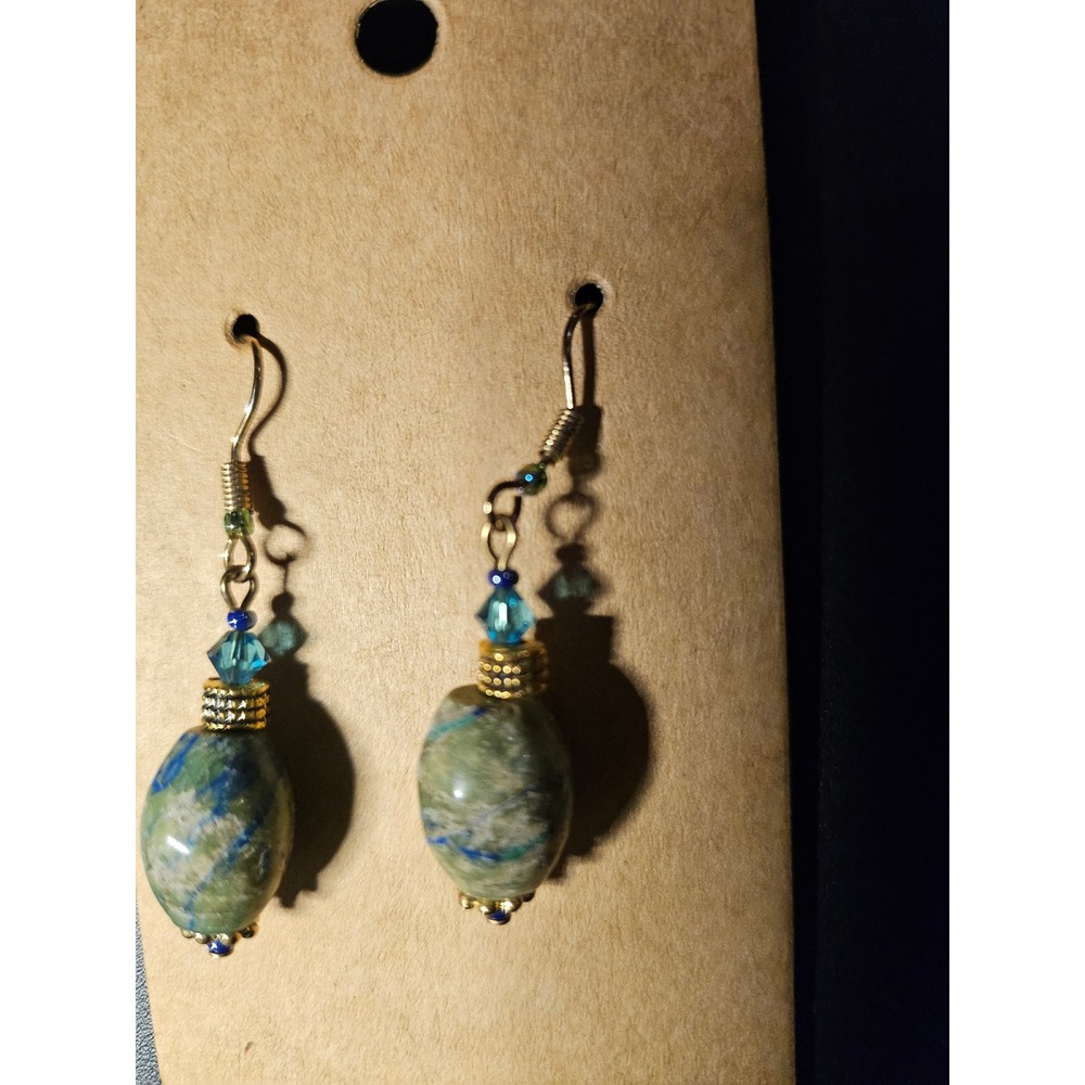 Handmade Green Blue Stone Drop Earrings Gold Tone Boho Dangle Artisan Jewelry